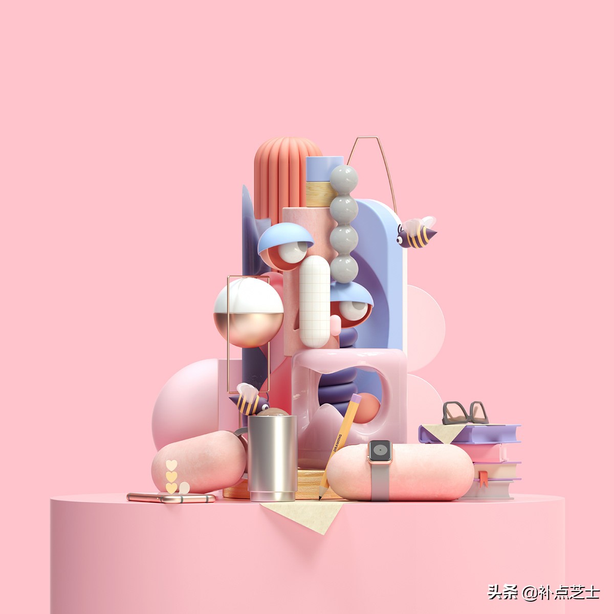 数字渲染拼贴3D物体，艺术家给自己画出了未来派自画像
