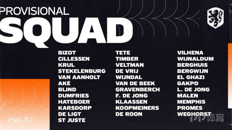 荷兰国家队初选大名单公布(荷兰公布欧洲杯初选名单：德容领衔)