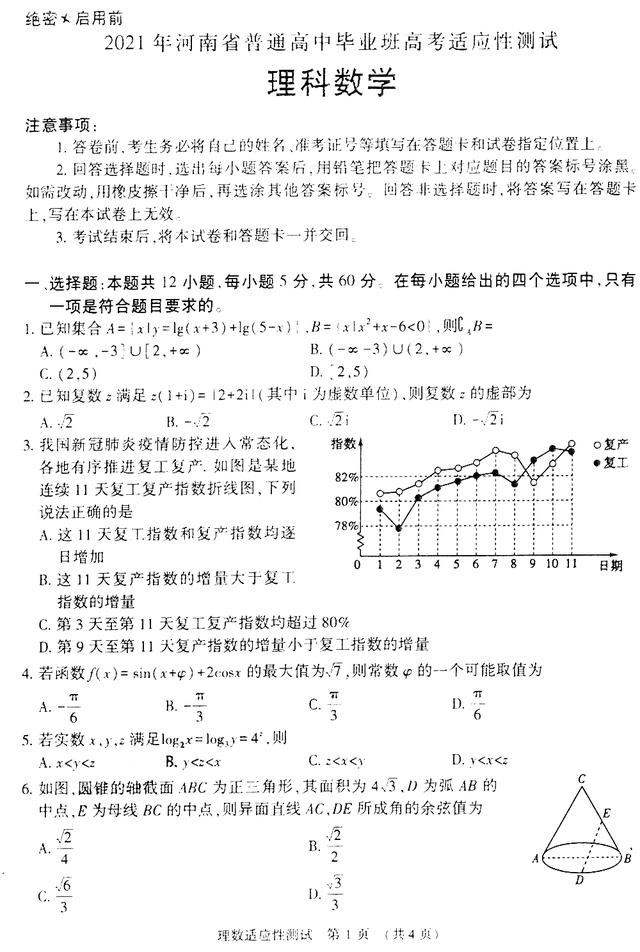 2021河南高三下学期高考适应性测试：文/理科数学试卷+答案