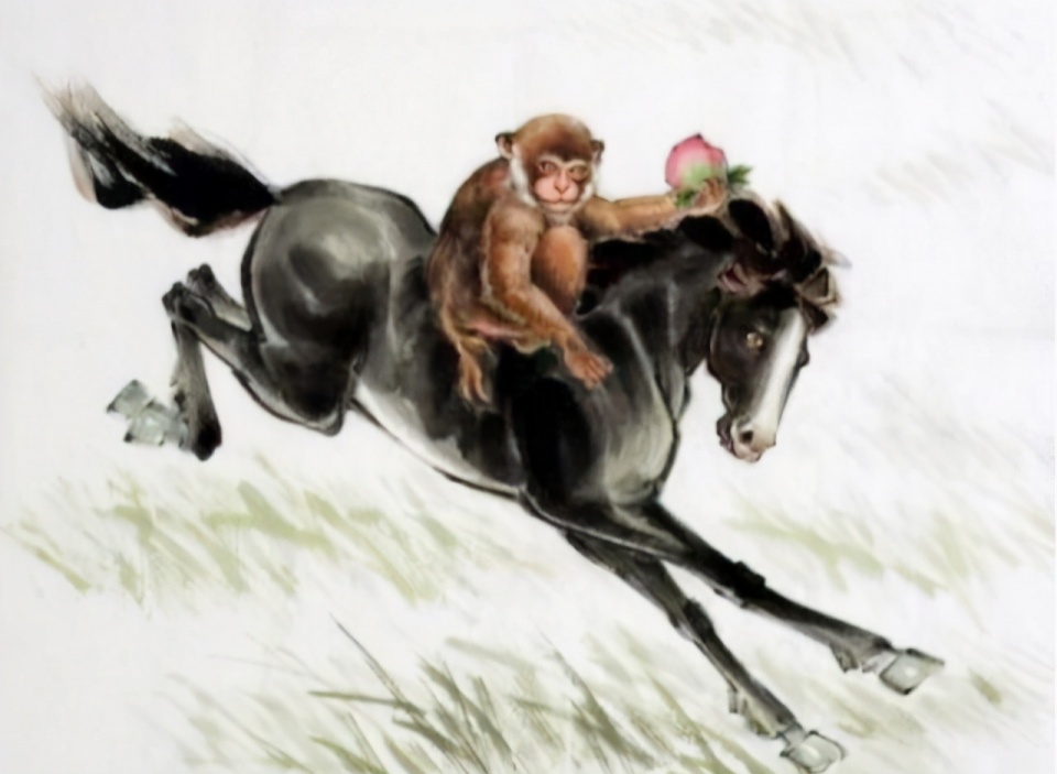 例如本文所说的这张画,画中有一只骏马在奔腾,而马背上,骑着一只猴子