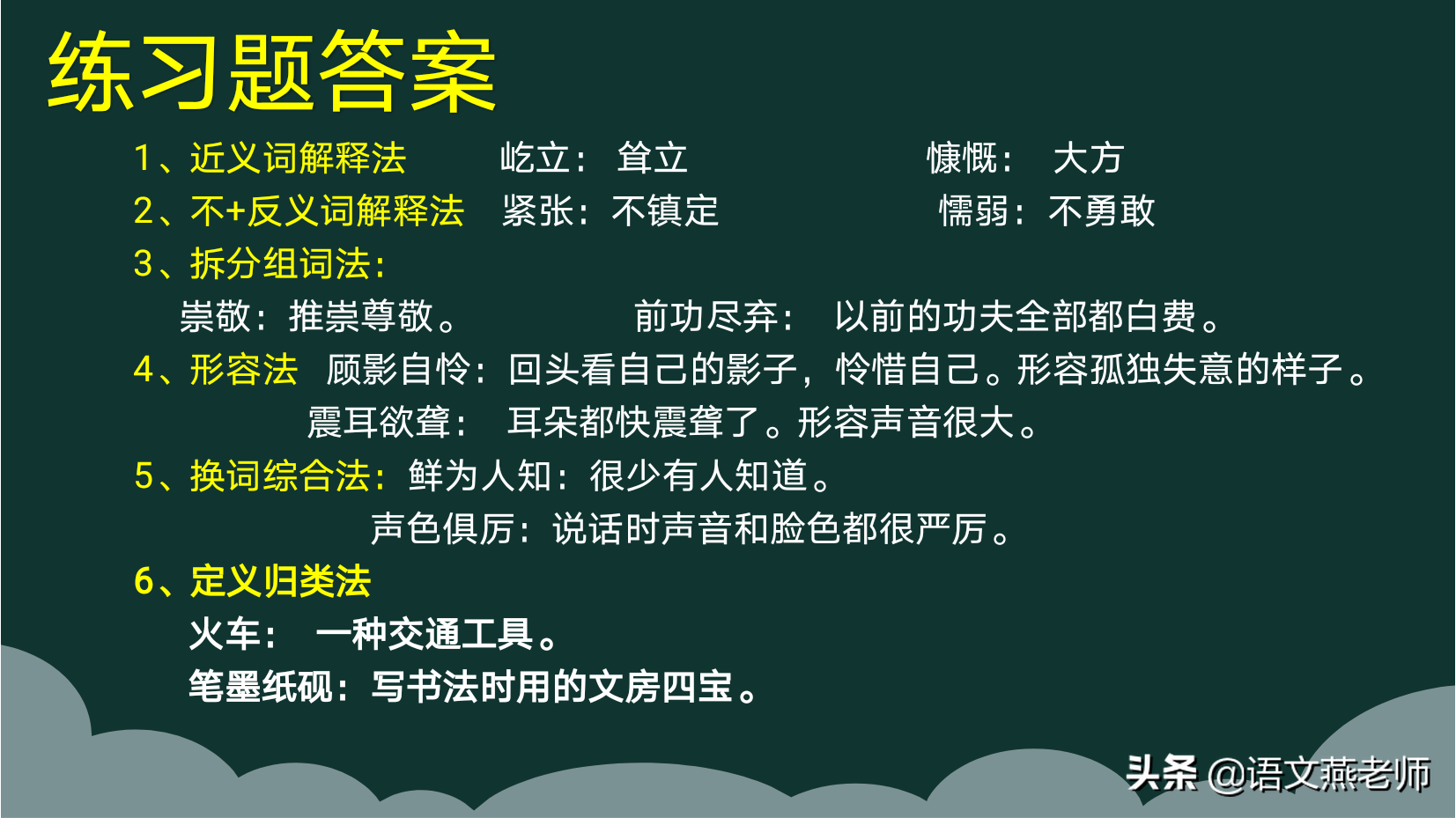 笔墨纸砚:火车:6,定义归类法声色俱厉:鲜为人知:5,换词综合法震耳欲聋