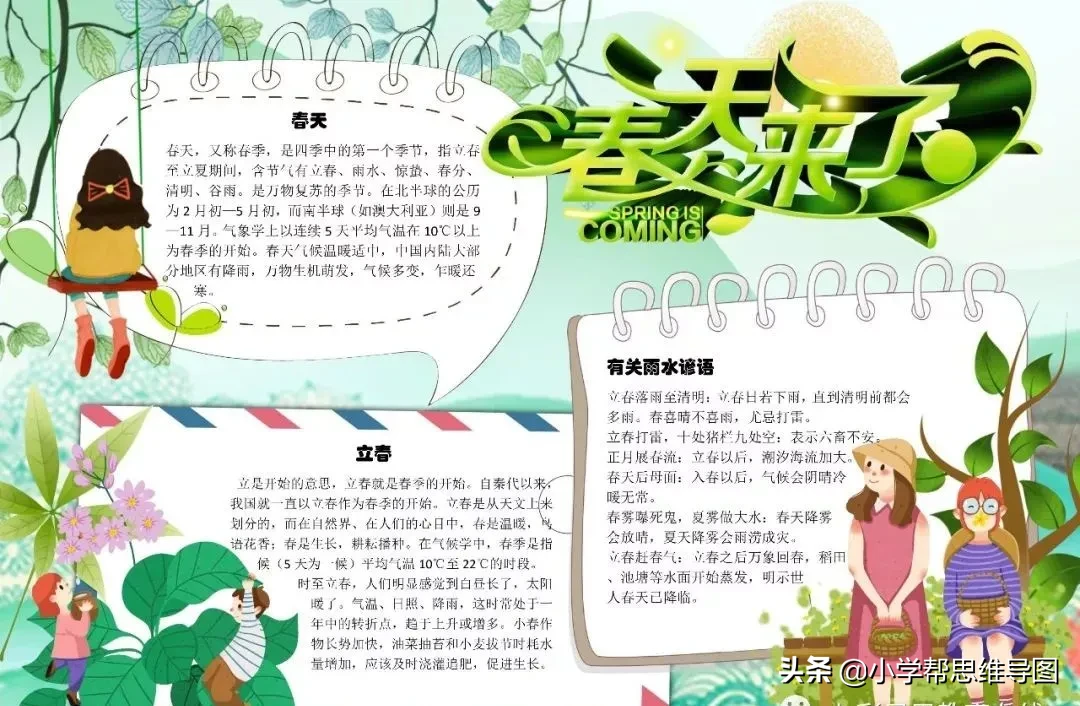 春天美的不可方物，分享写作技巧、1-6范文、手抄报，与你共赏