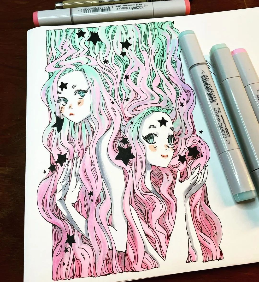 又酷又炫的60张线描马克笔少女,动感,帅气的画风,简单清新