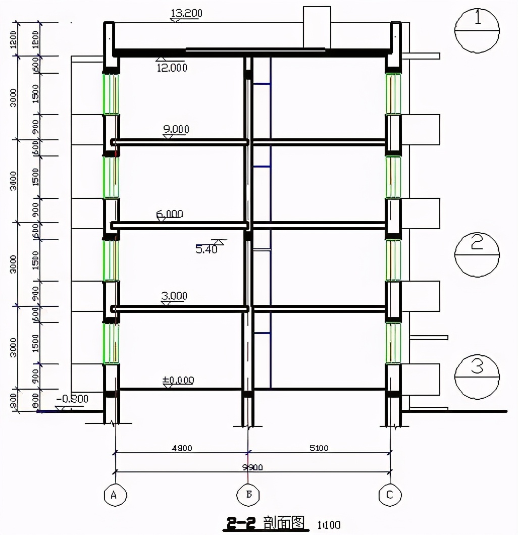 从基础墙处断开,另由结构施工图表示剖面图的比例应与平面图,立面图的