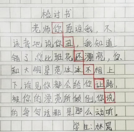 小学生“藏头诗式”检讨书，本以为“天衣无缝”，不料被老师看穿
