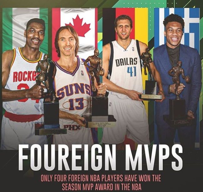 nba有哪些国籍不是美国的(美媒列出NBA仅有的4位非美国裔MVP，字母哥之后，谁会成为第5人？)