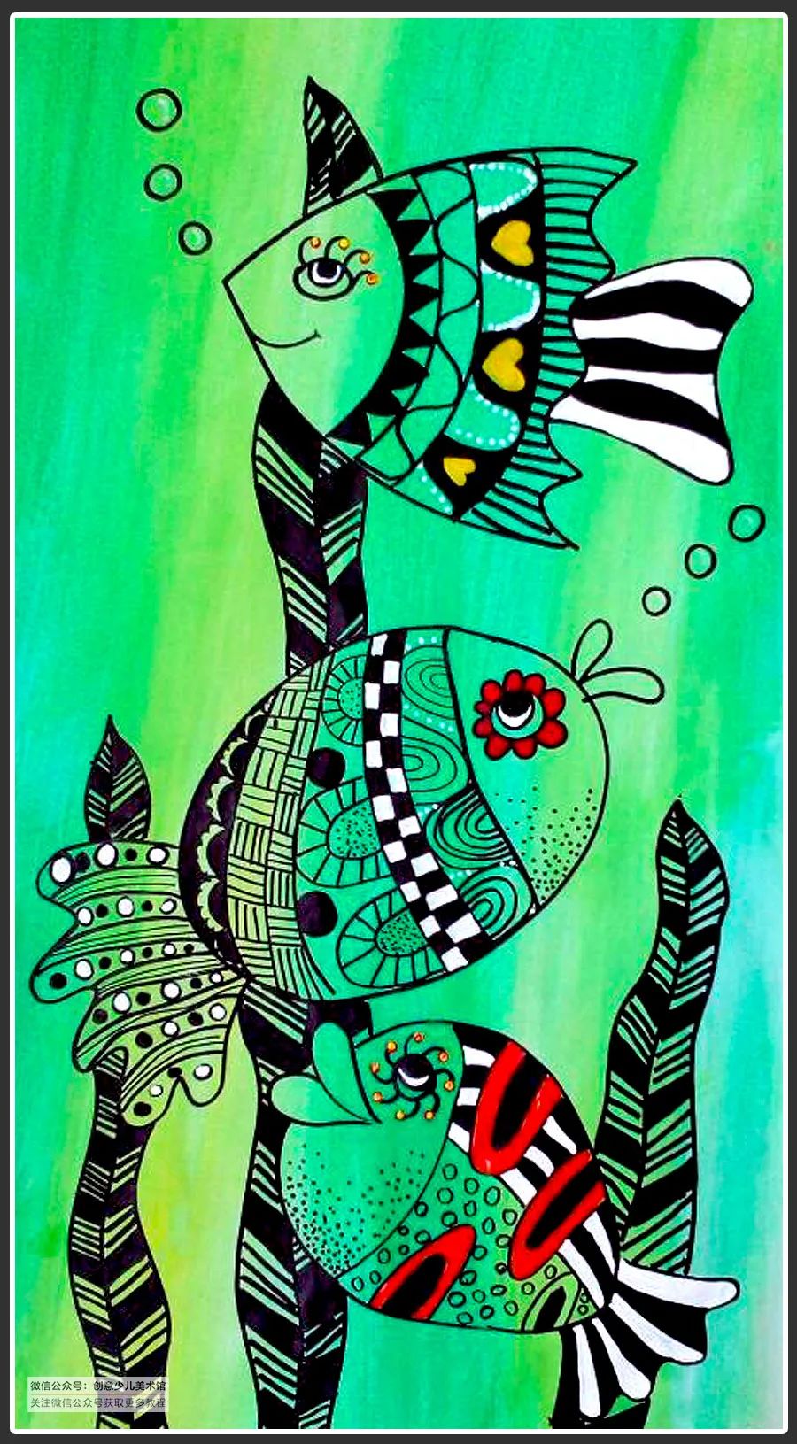 《母鸡妈妈在散步》又体现出多样的视觉变化彩色的线条既充满丰富的