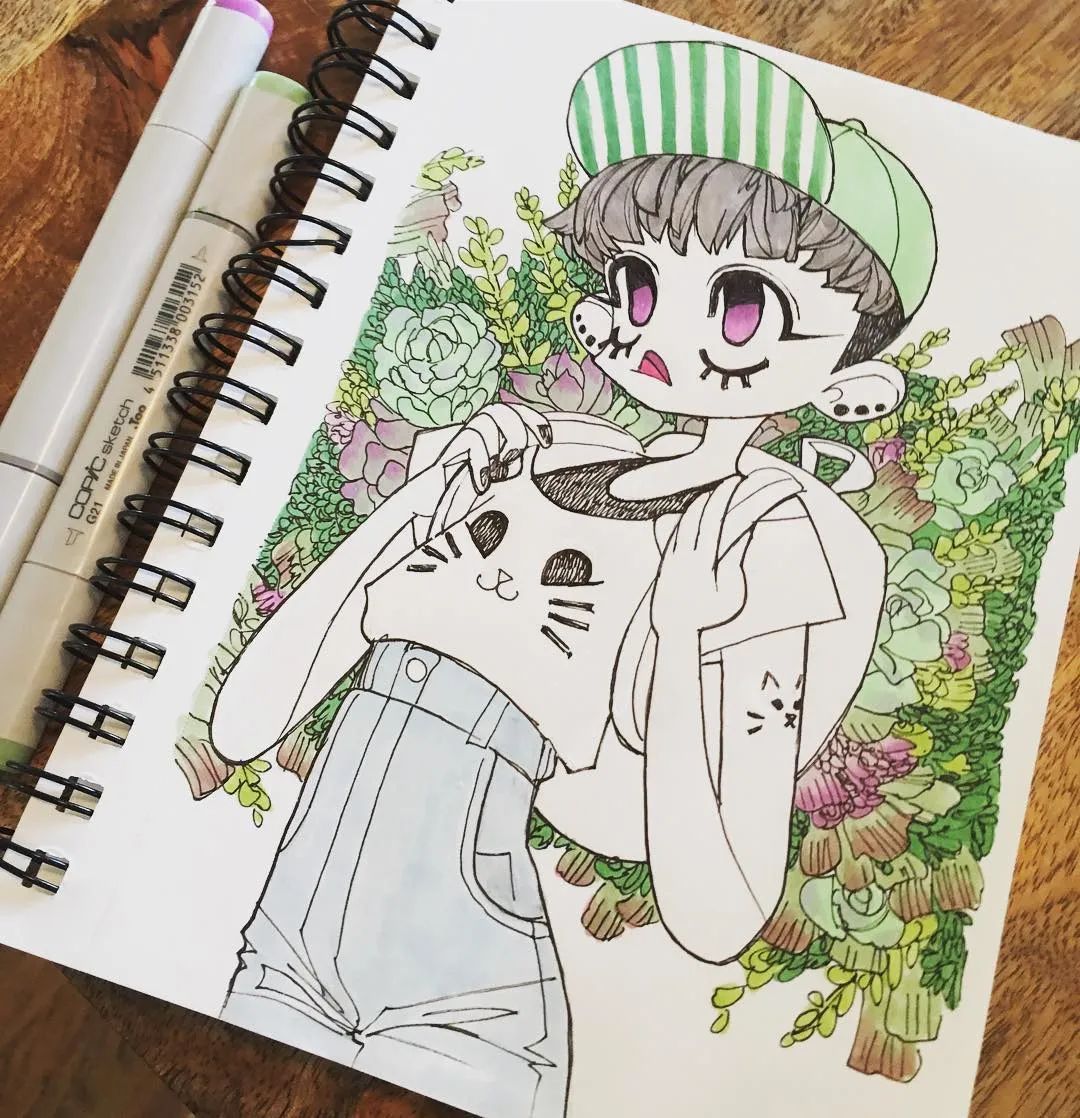 又酷又炫的60张线描马克笔少女,动感,帅气的画风,简单清新