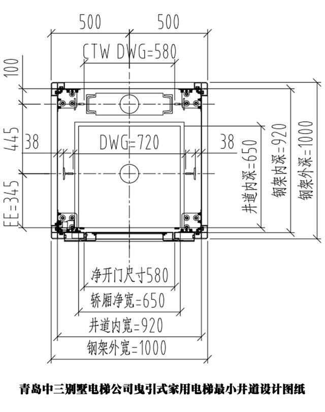 家用别墅电梯里曳引电梯、螺杆电梯、强驱电梯安装最小尺寸图示