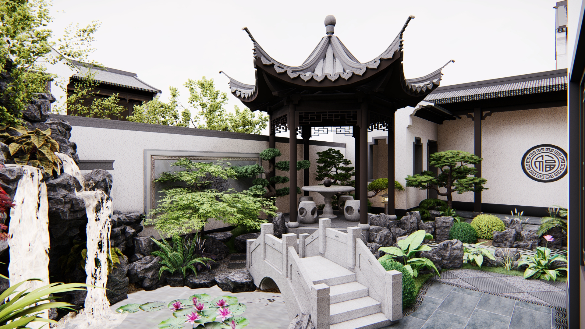 这套苏州园林风格的庭院,简直太美了!山水凉亭矮松,让人太羡慕