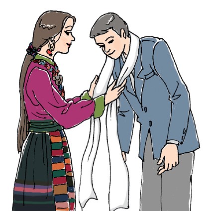 在西藏,敬献哈达是一种普遍而崇高的礼节,在藏民族的社交活动中是必备