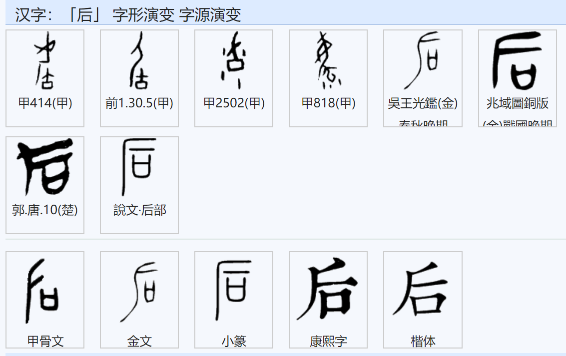 甲骨文有两个来源:一是女人半蹲生孩子状,演变为两个字,育和后,会意