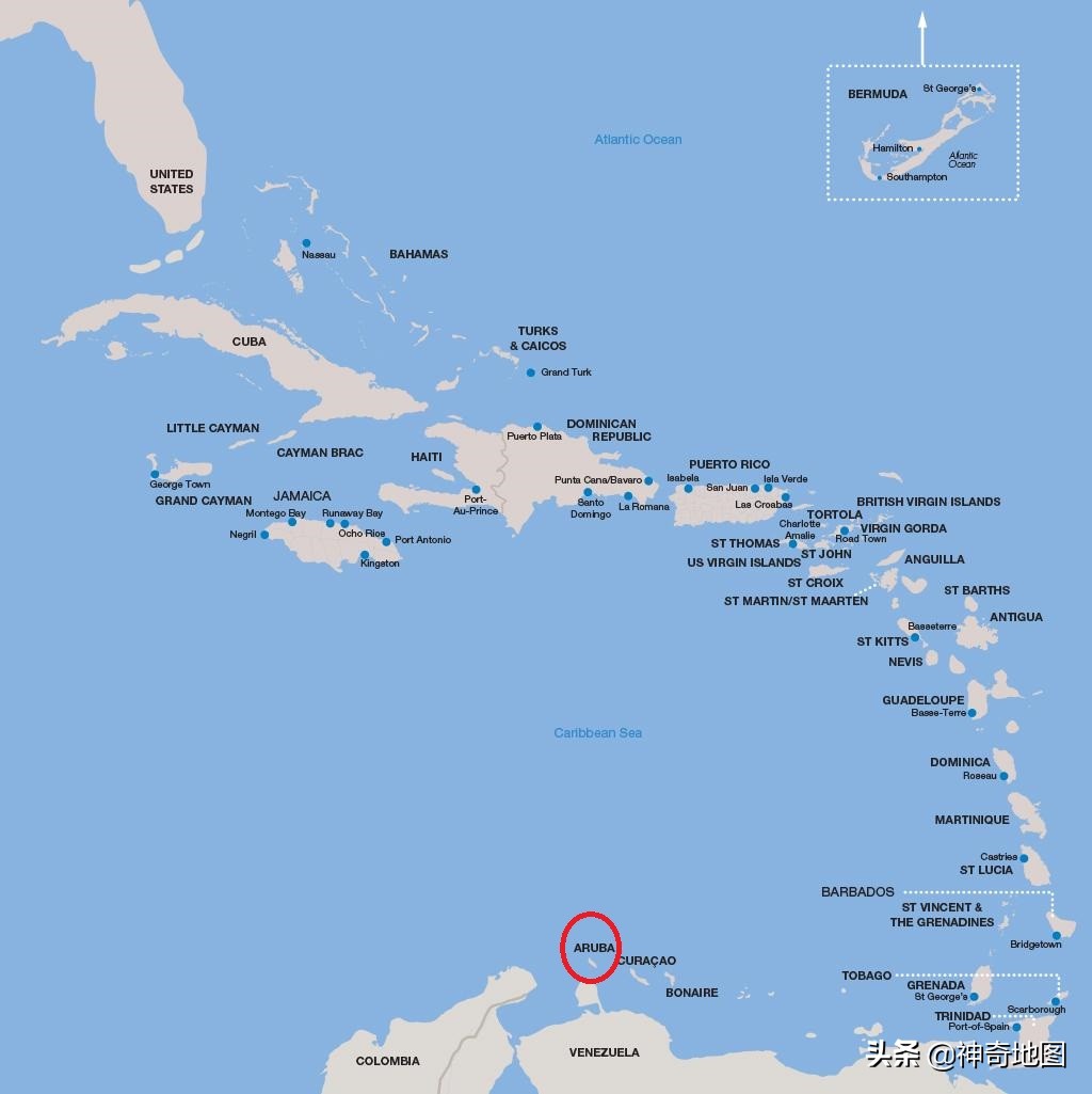 阿鲁巴在加勒比海的位置