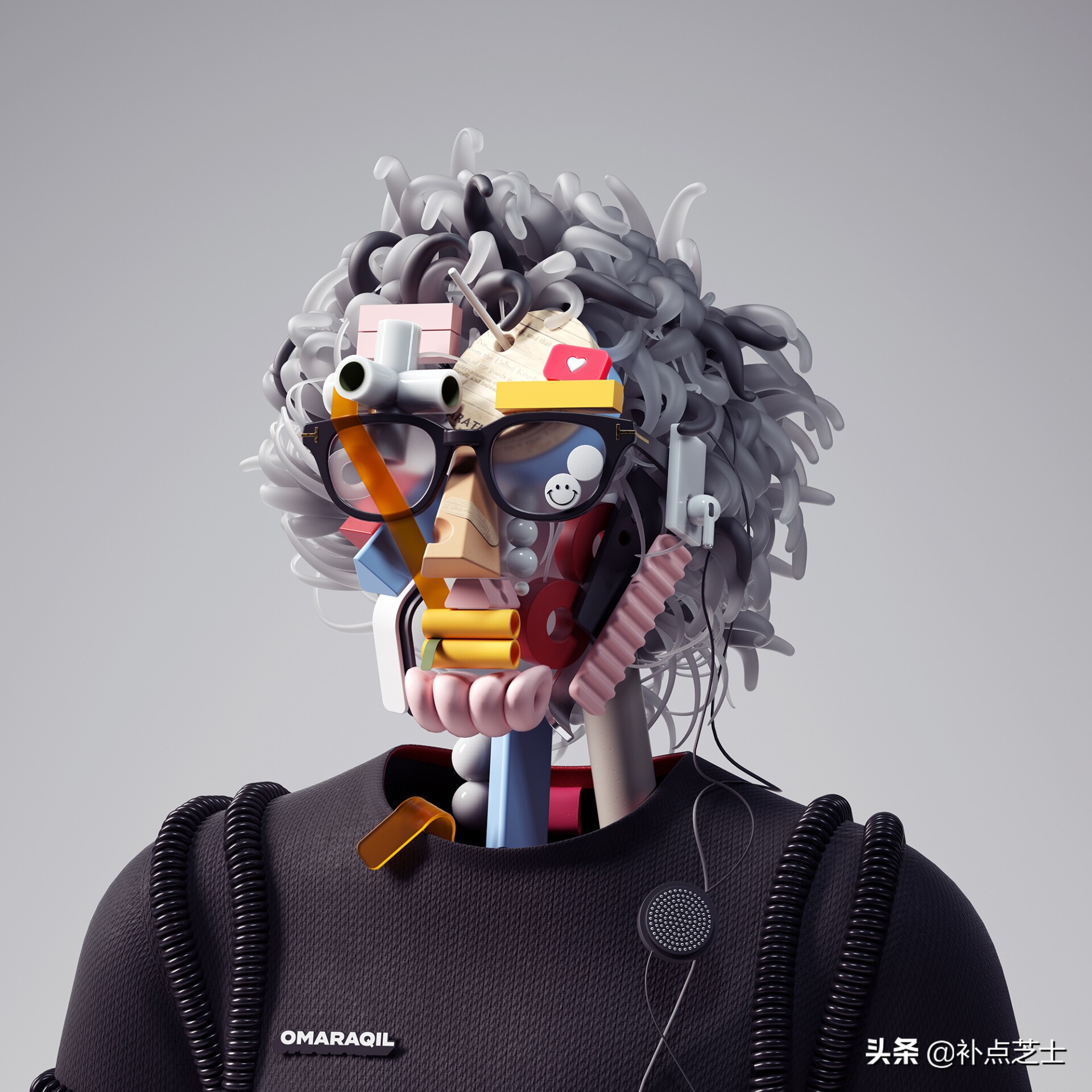 数字渲染拼贴3D物体，艺术家给自己画出了未来派自画像