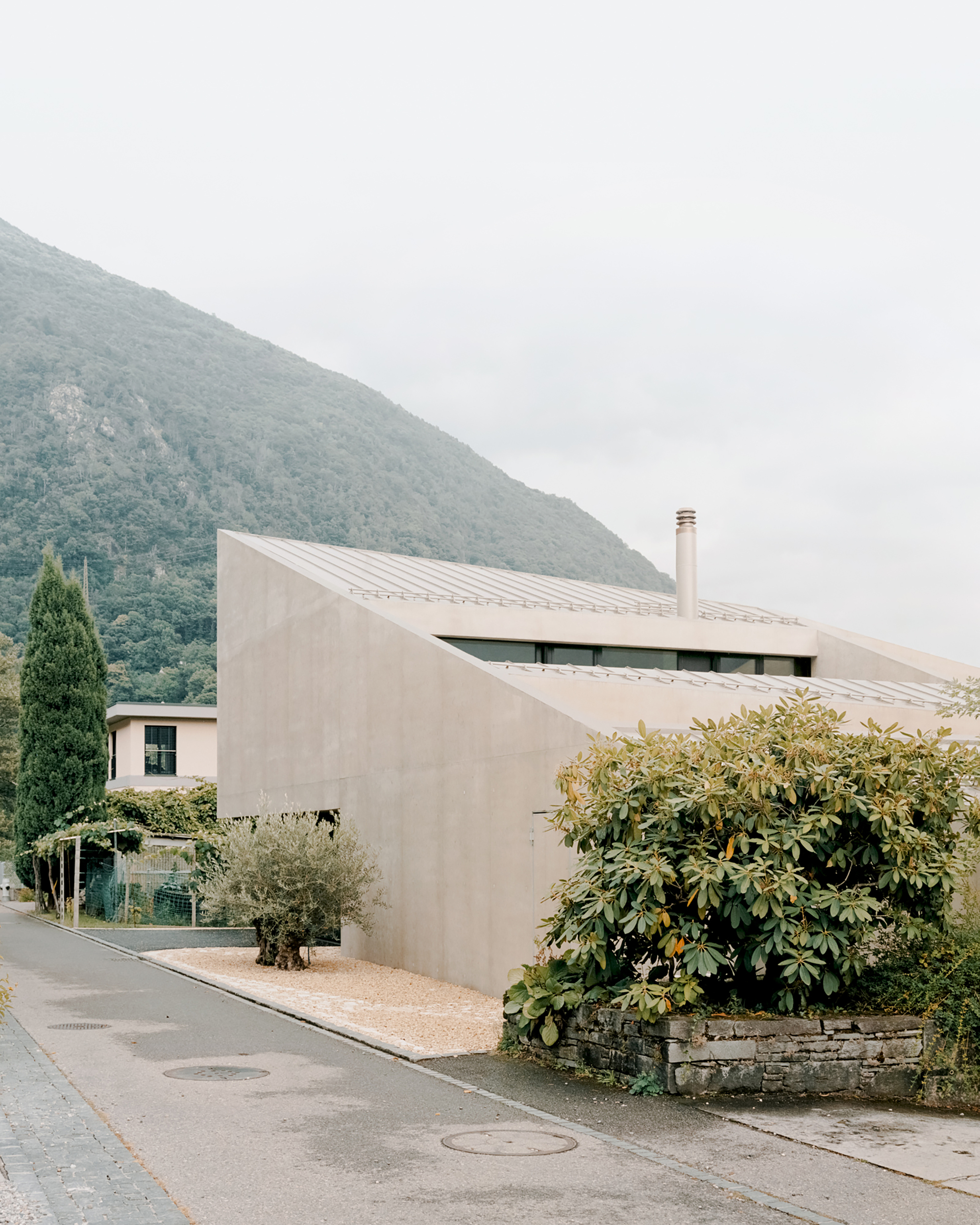 世界杯瑞士小镇装修(瑞士小镇上的混凝土住宅，倾斜的屋顶像周围的山峦，室内黑白极简)
