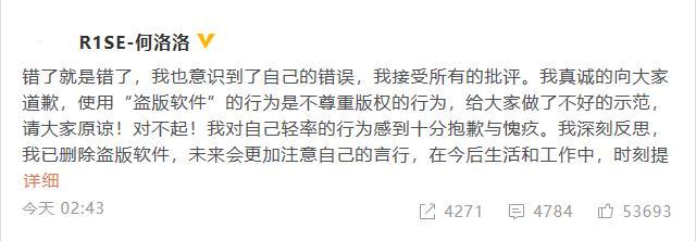 被控抄袭后何洛洛自曝使用盗版软件再引争议，本尊道歉：接受批评