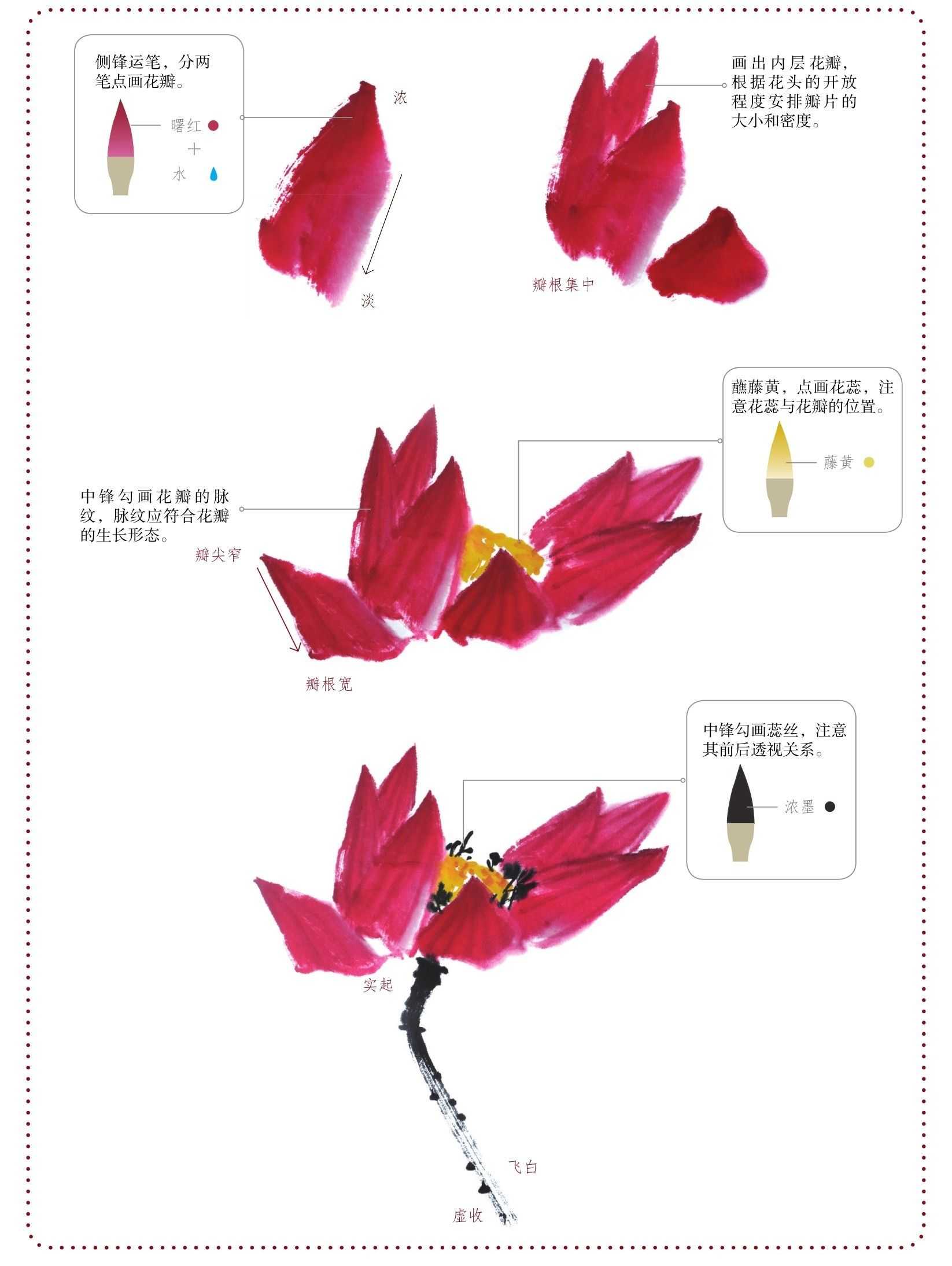 零基础国画教程:分步骤讲解荷花的画法,学会画荷花很简单,学习