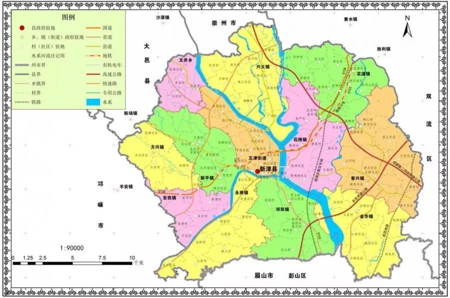 最新成都市行政地图,调整后的新津县四街道四镇行政区划地图