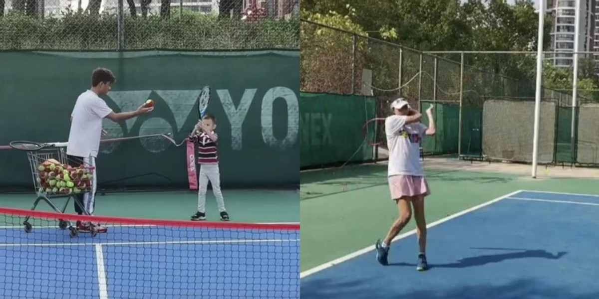 5岁打网球(谢杏芳陪儿子练网球！穿超短裤肌肉线条惊艳，5岁儿子腿超长)