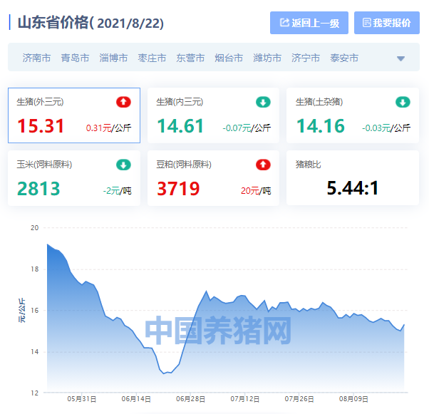 山东省生猪价格涨跌表｜2021年8月22日，枣庄最高，烟台最低