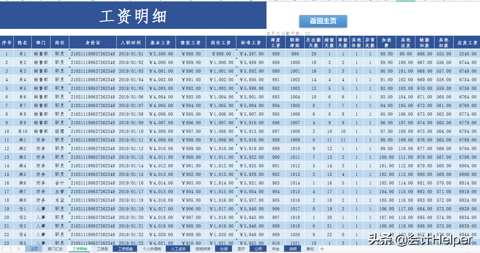 2022版薪酬工资管理系统，个税五险一金自动计算，一键生成工资条