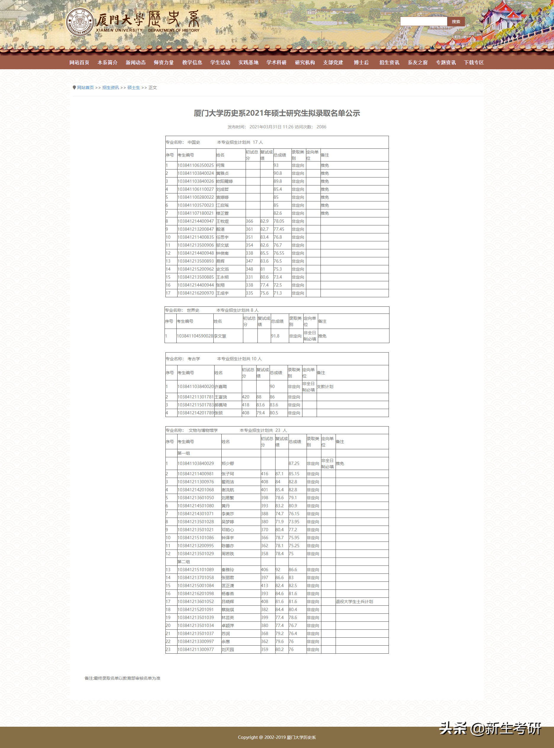 厦门大学新闻传播学院（厦门大学2021年各学院拟录取名单）