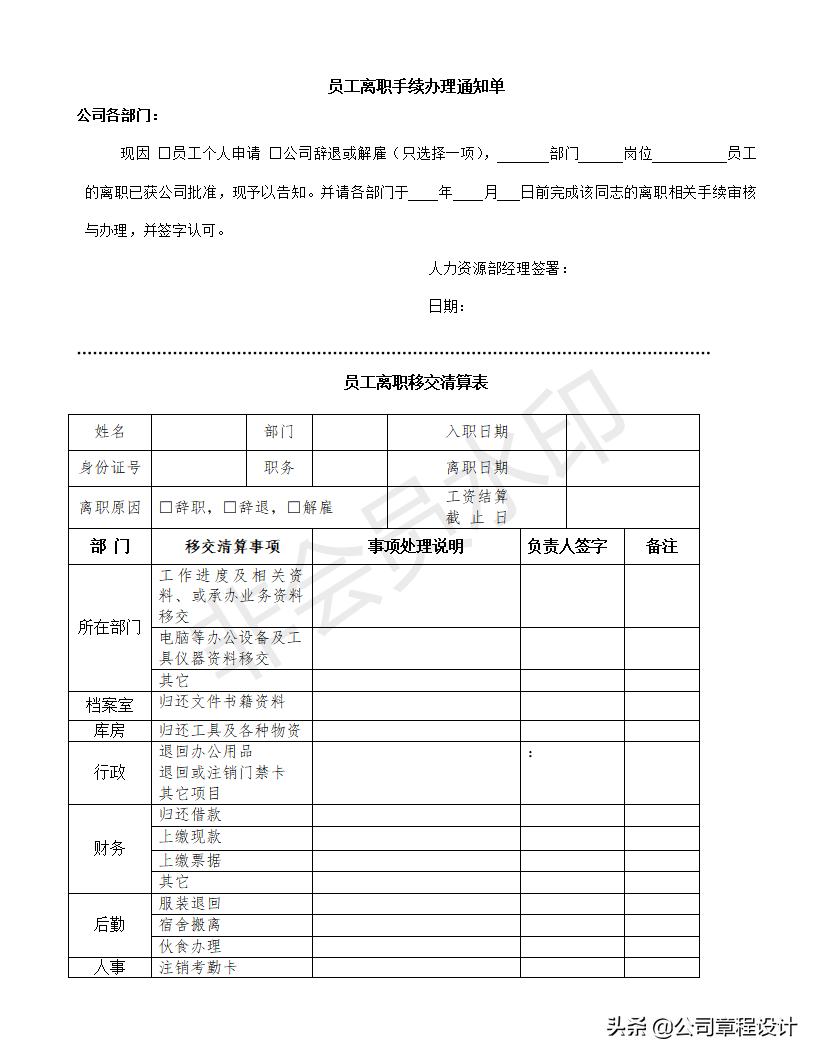 员工离职管理制度（含不同离职情形、离职所需全套表格 ）