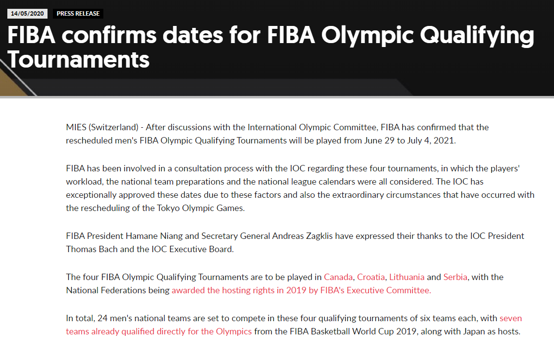 nba淘汰赛什么时候开始(FIBA官宣男篮落选赛日期：将在2021年6月29日-7月4日进行)