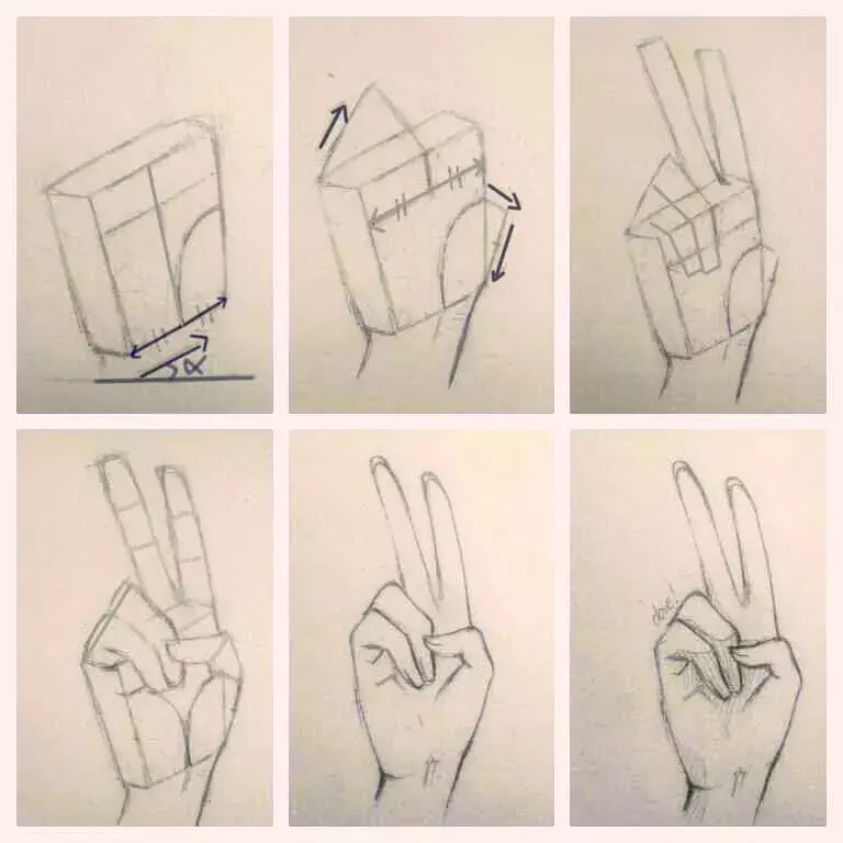 拉辅助线画出手指的形状,(手指就像一个张方形)入手前,一定把几何图形