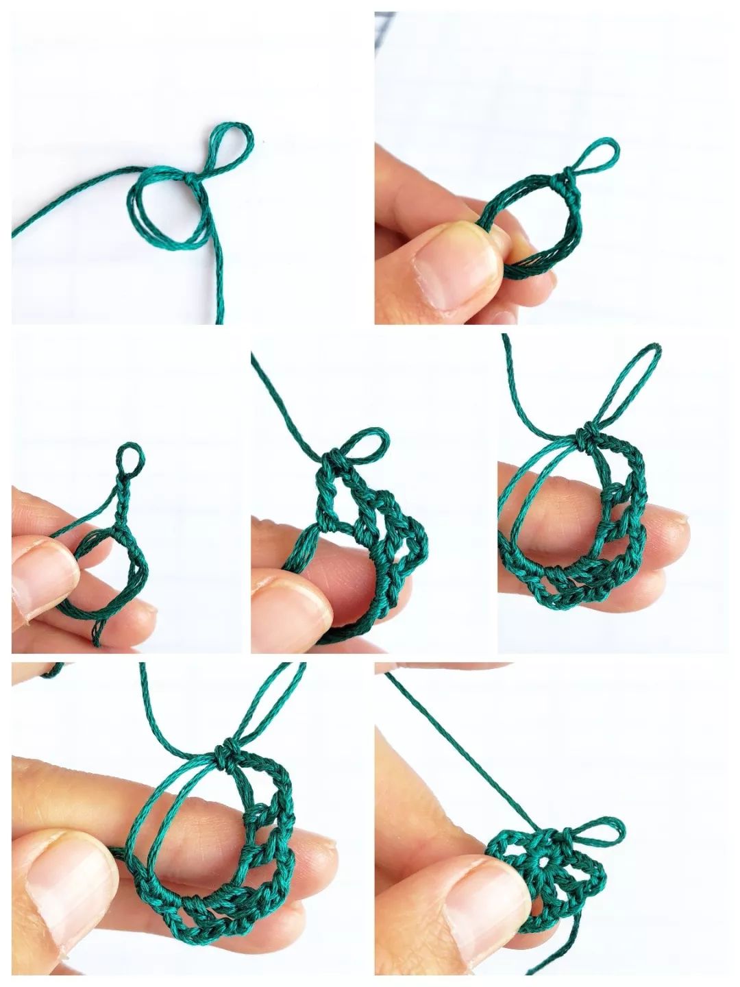 环形起针,钩1辫子针,2针短针,5针辫子针,1针长针,2针辫子针,1针长针,2