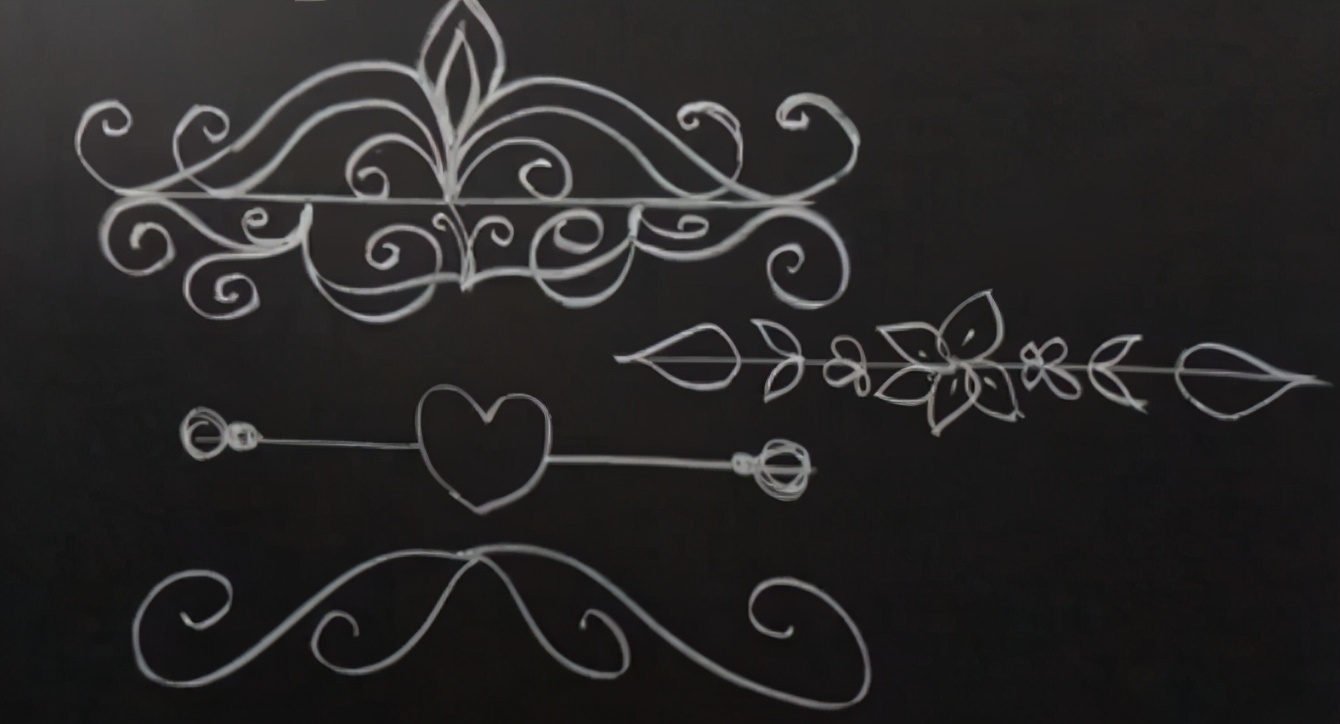 线条在粉笔和板画中用得最多的是装饰线条,譬如分割线,边框,花边,条幅