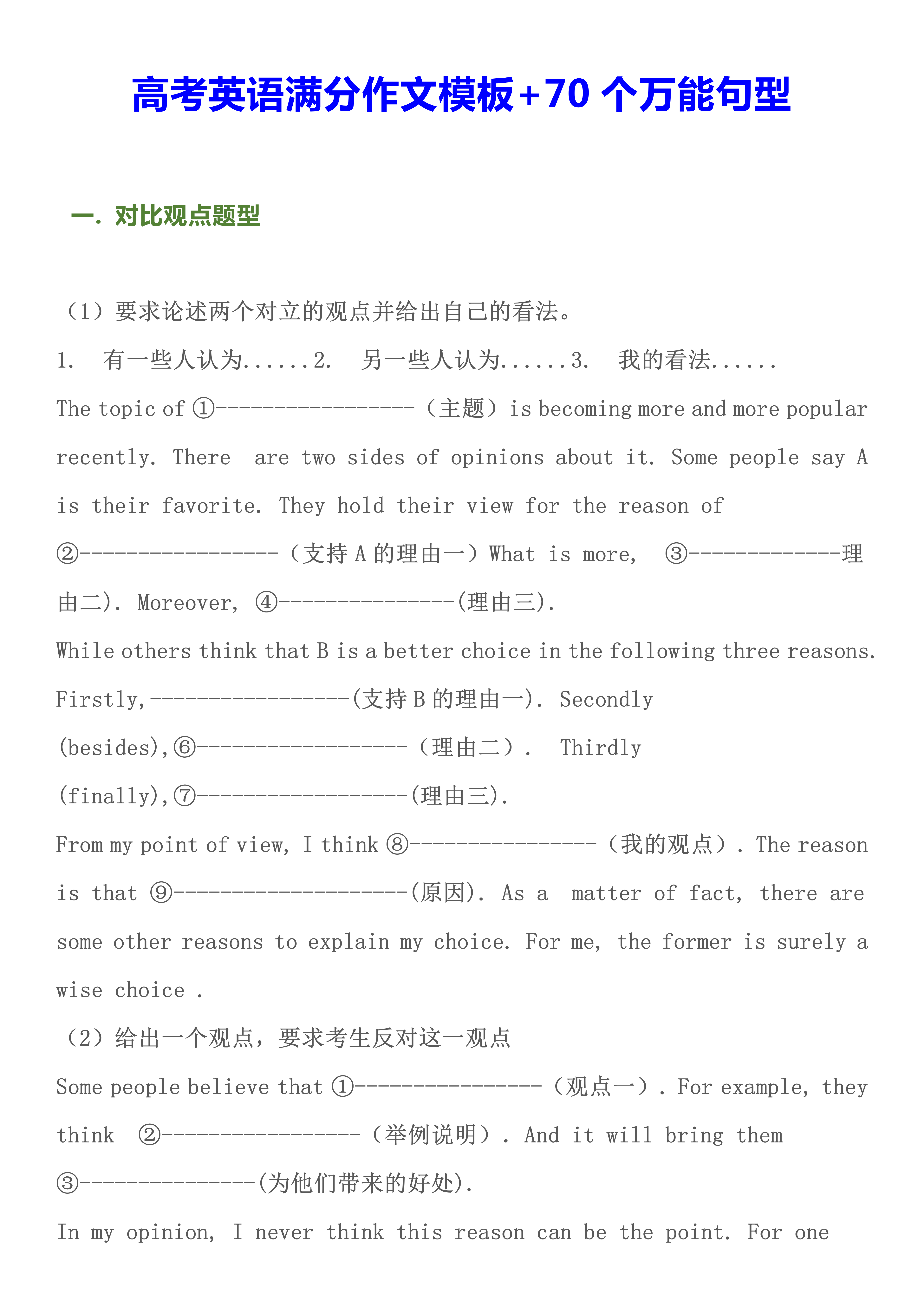 高考英语｜满分作文模板+70个万能句型！低于120分都要背