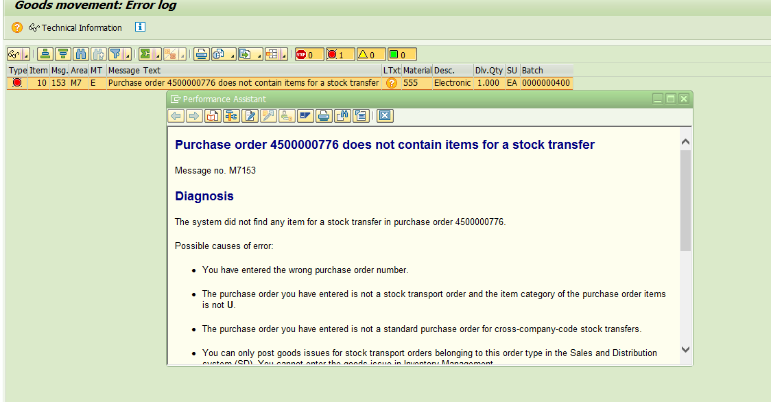 SAP 公司间退货STO的交货单PGI报错 - PO4500000773 does not contain