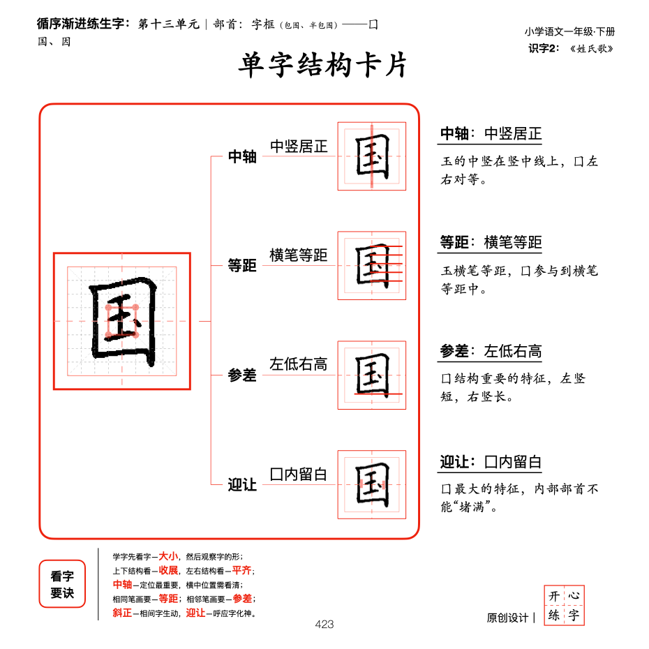 一年级暑假练字，第20篇，系统学习部首，字框（包围、半包围）