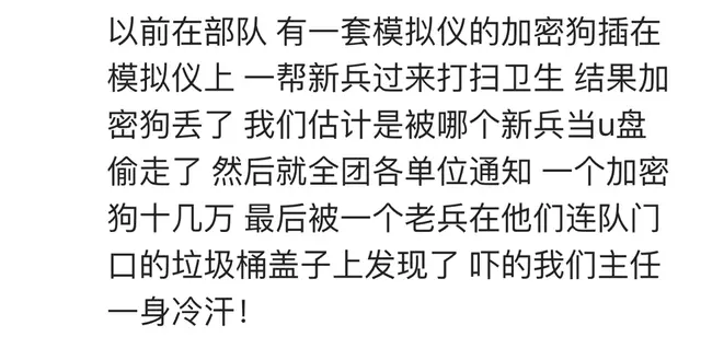 以前在部队,有一套模拟仪有个加密狗,被新兵偷走了,值十几万