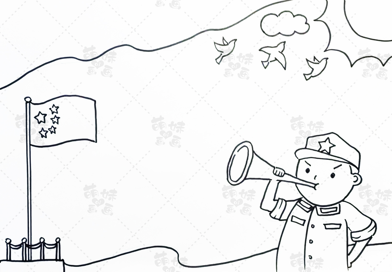 绘制手抄报主形象我们首先在手抄报左上方绘制一面红旗作为报头边框