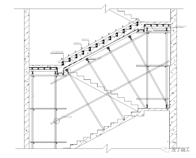 一个完整的楼梯模板支设、加固方案，层高5.4m、4.2m