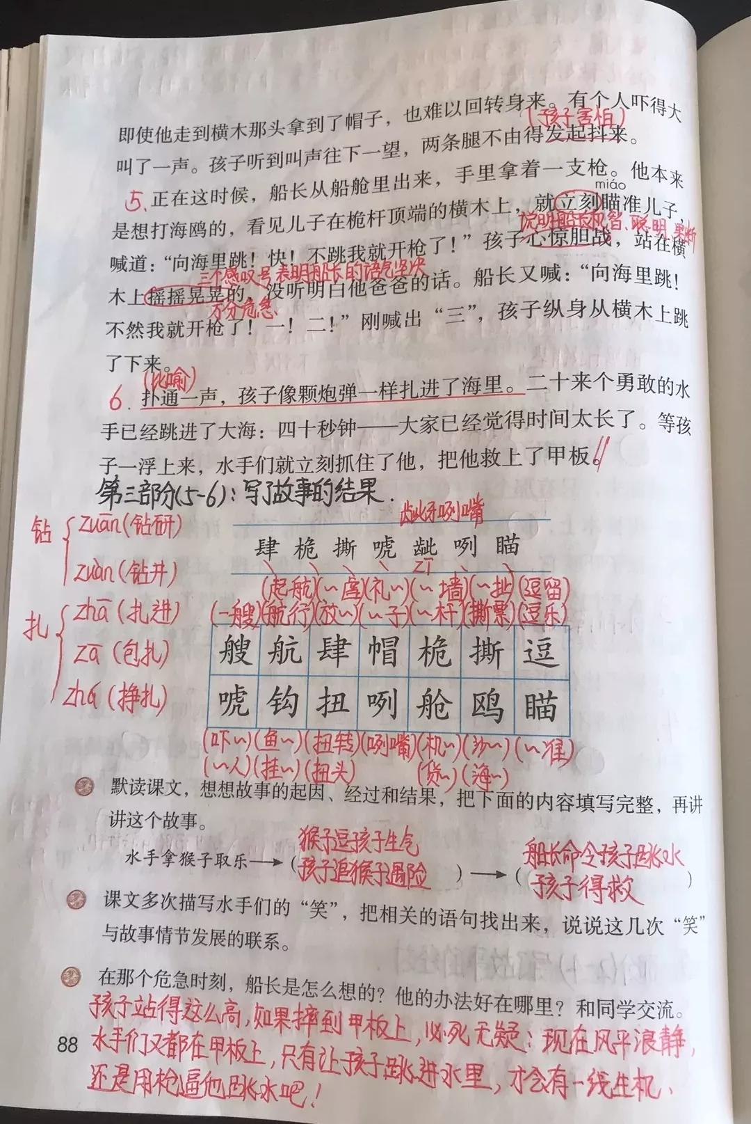 船长为什么让孩子跳水(五年级语文下册十七课《跳水》课文笔记，孩子预习的好帮手)