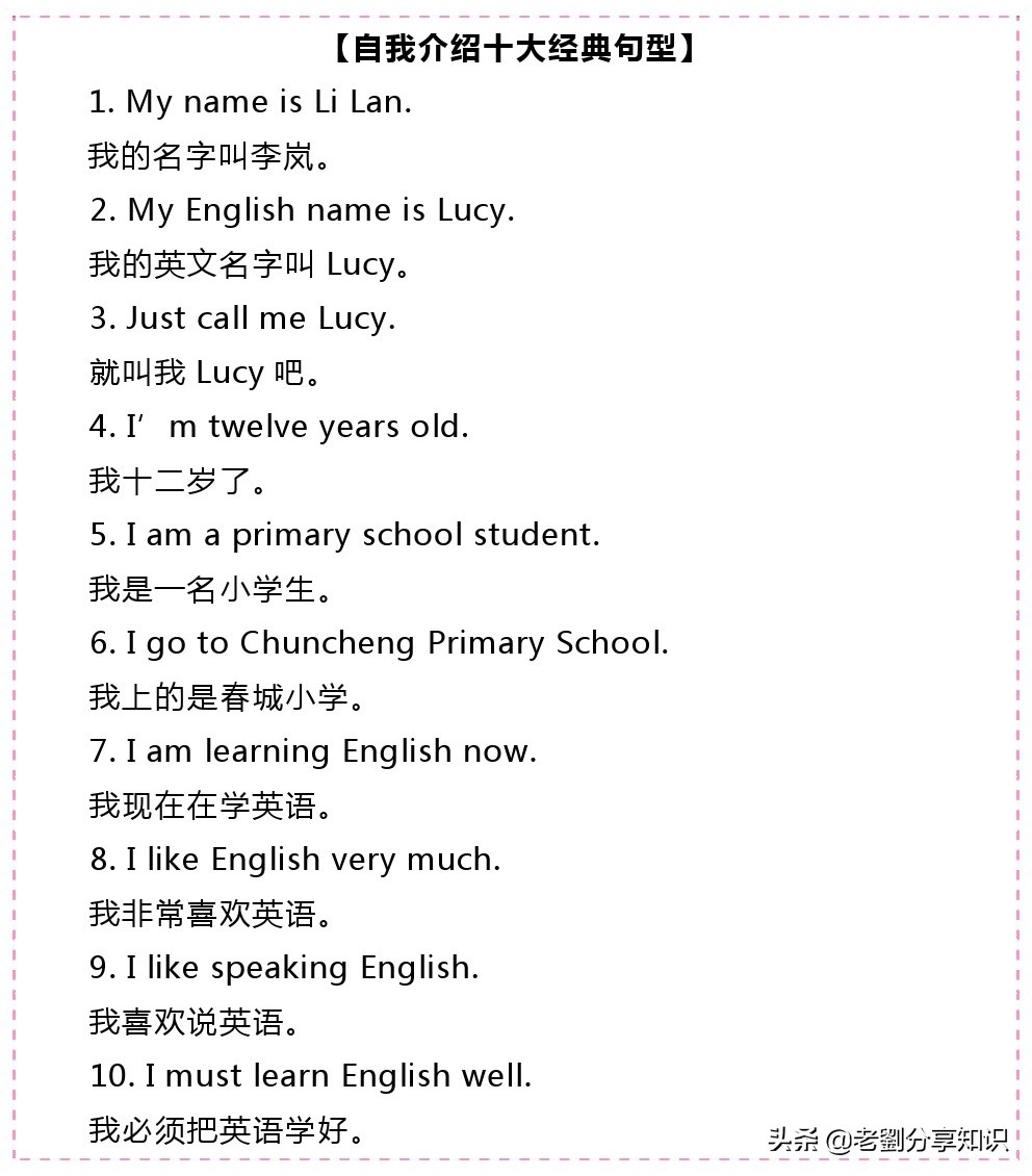 学生英语自我介绍模板：有汉语翻译，挺不错，让孩子看看！