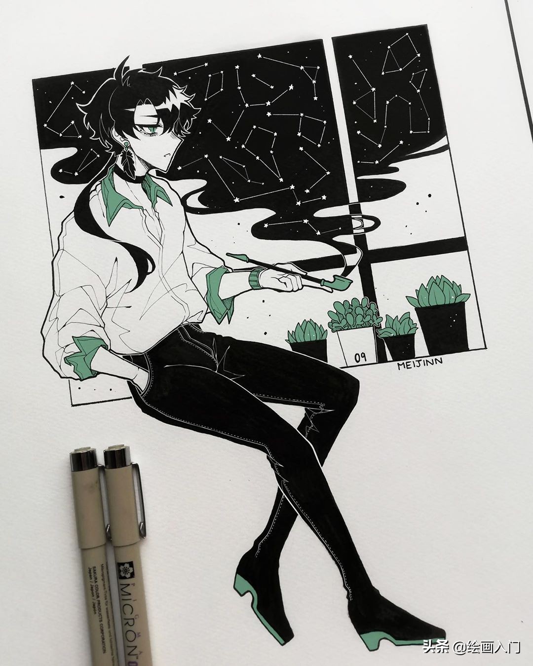 漫画角色创作手稿,针管笔马克笔手绘插画,个性鲜明简洁唯美