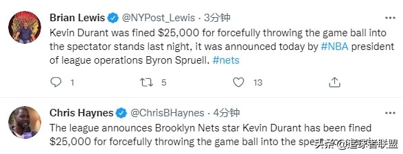 NBA官宣罚单！杜兰特故意扔球被罚2.5万美元，不当行为险被罚下