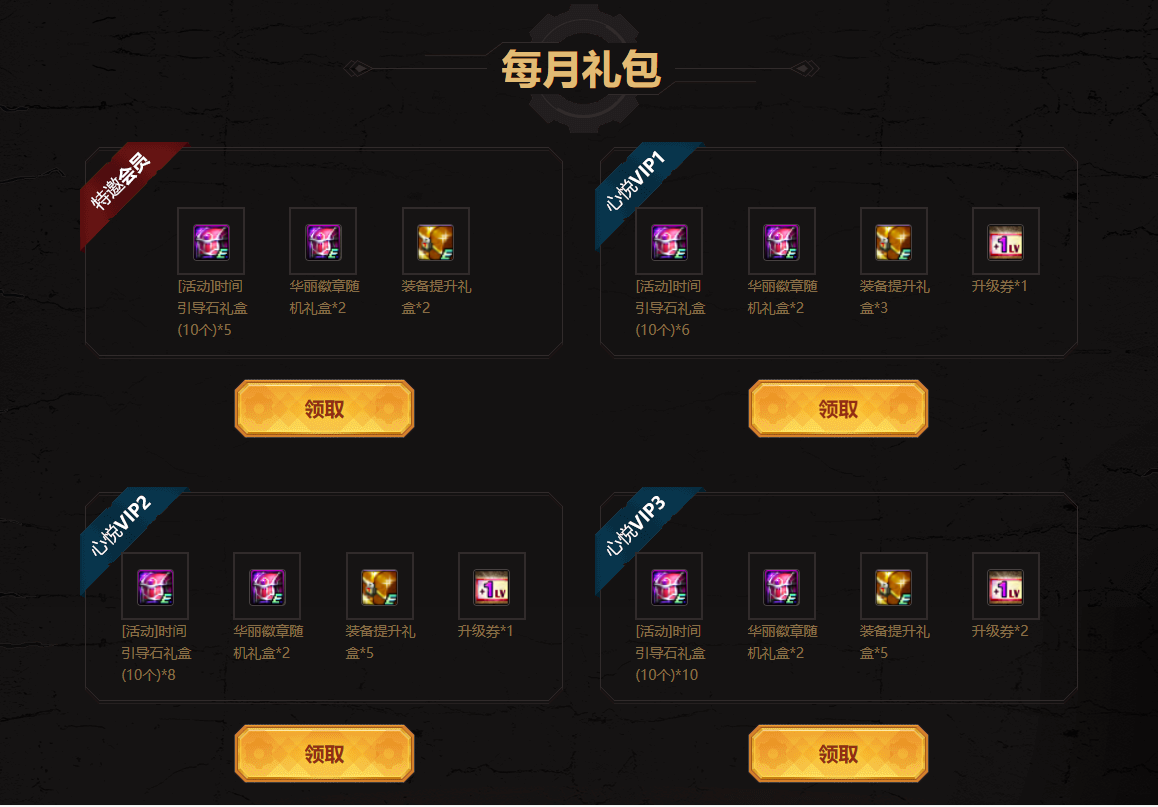 周期礼包又分为每周和每月礼包两种类型,这个周期权益可以说是特邀