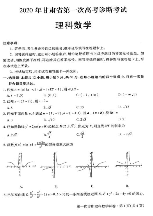 甘肃2020年高三第一次高考诊断考试理科数学试题+答案