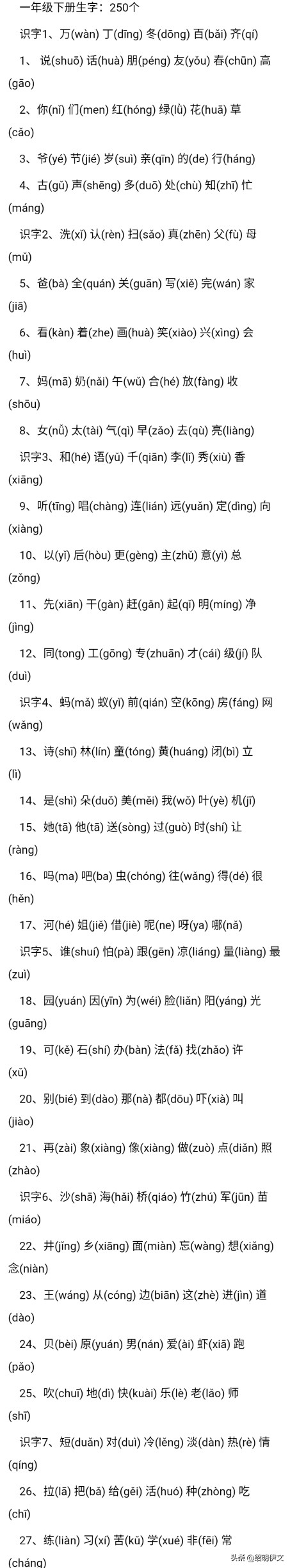 一年语文上下册生字带拼音汇总，让孩子读一读写一写，语文最优秀