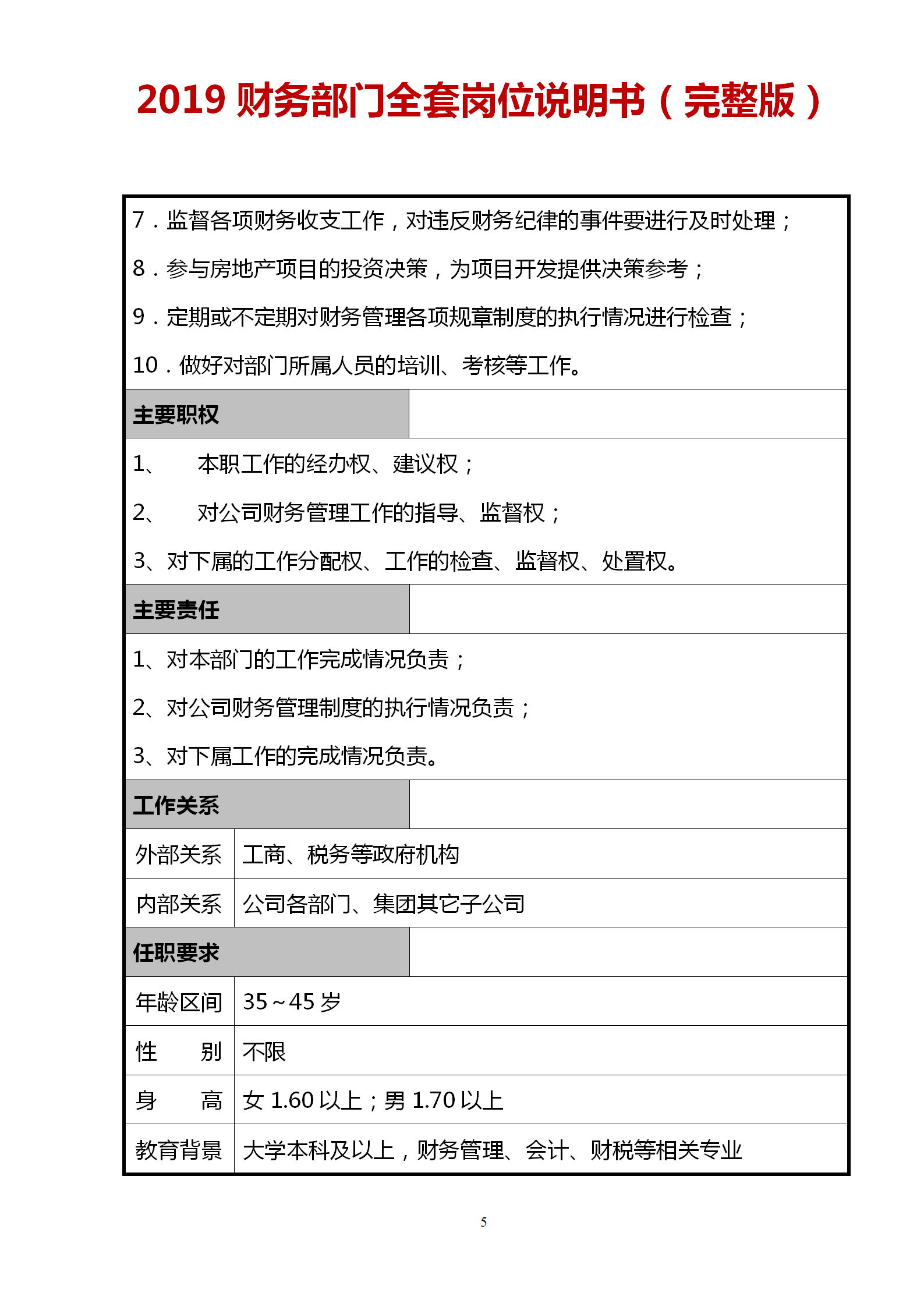 2019财务部从收银员到财务总监完整一套岗位说明书（非常实用）