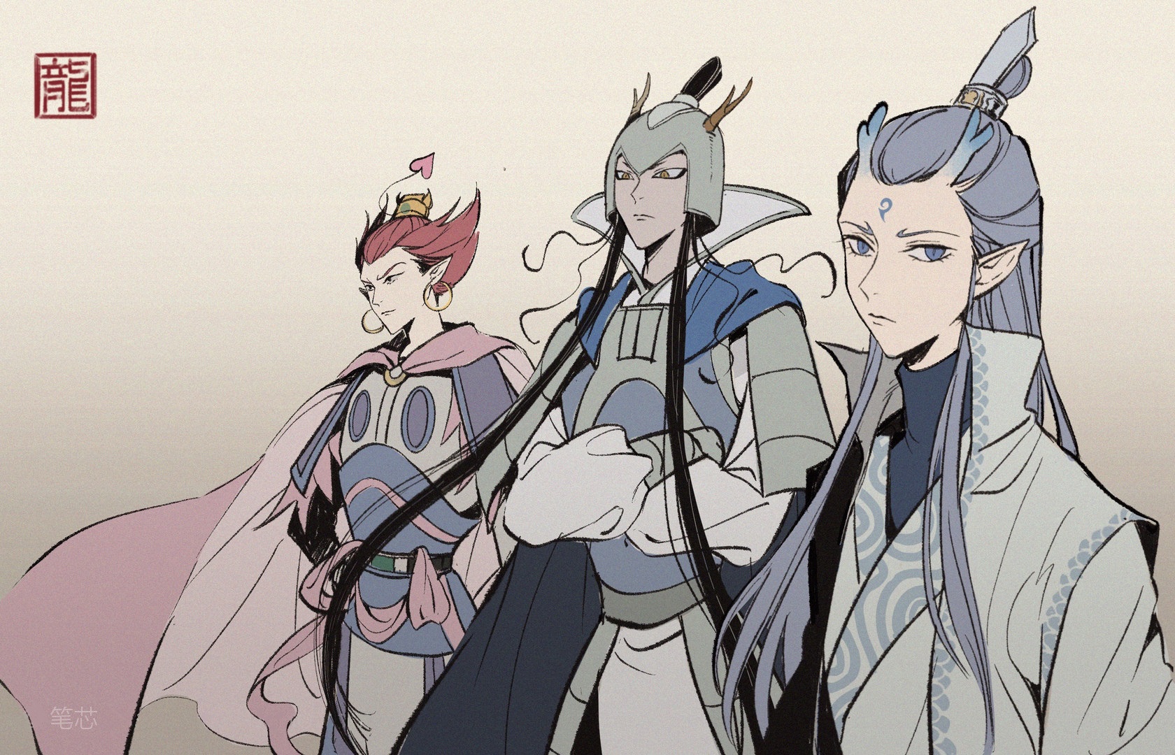 滤镜下,三代敖丙同框,妖艳红,黑长直,温润蓝,"美男"石锤