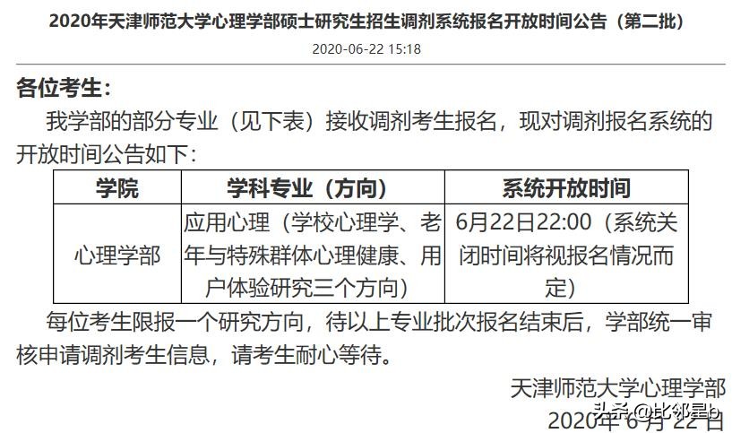 6月22日，天津师范大学心理学部2020硕士研究生还有调剂缺额