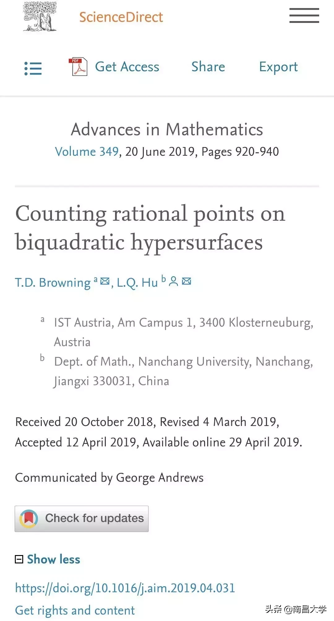 南昌大学胡立群副教授在数学领域顶级期刊发表重要研究成果