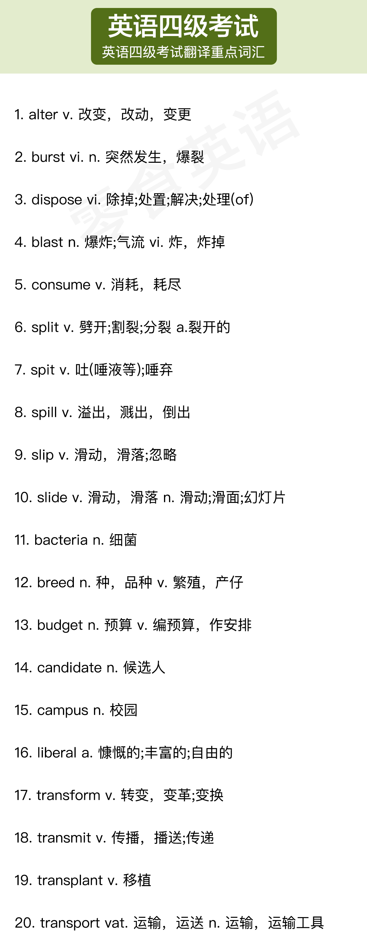 2019年备考大学英语四级考试翻译重点词汇97个