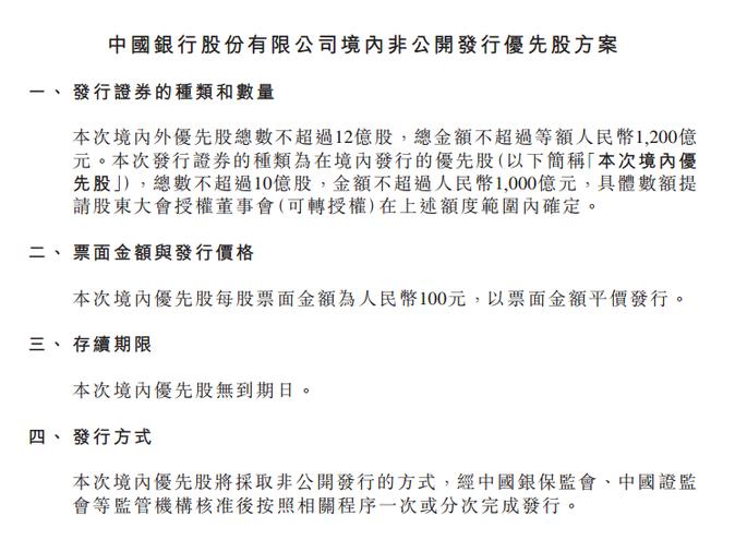 中国银行拟境内外非公开发行总数不超过12亿股优先股